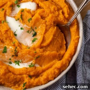 Creamy Instant Pot Mashed Sweet Potatoes 14 A bowl of mashed sweet potatoes topped with melted butter.