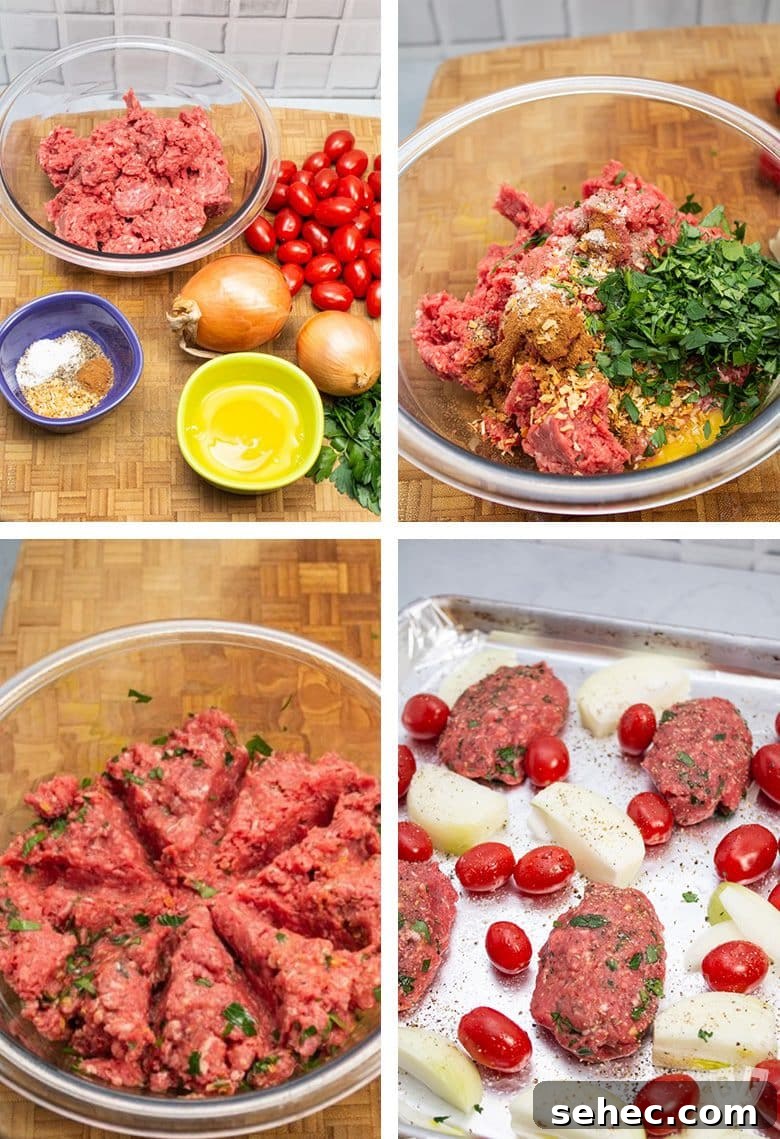 Sheet Pan Chicken Kebabs with Vegetables 4 Collage of 4 photos showing ingredients and steps for making Broiler Kebab Sheet Pan Meal