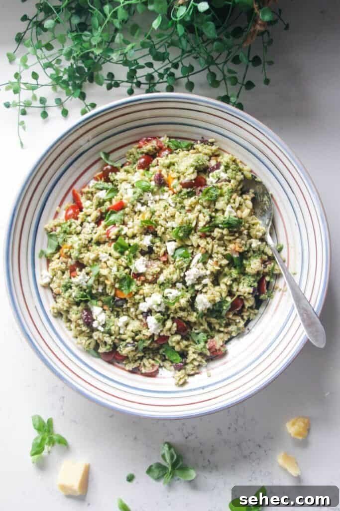 Crispy Smashed Potato Salad with Tzatziki Sauce 14 Orzo pesto salad in a large colourful serving bowl with a silver spoon.