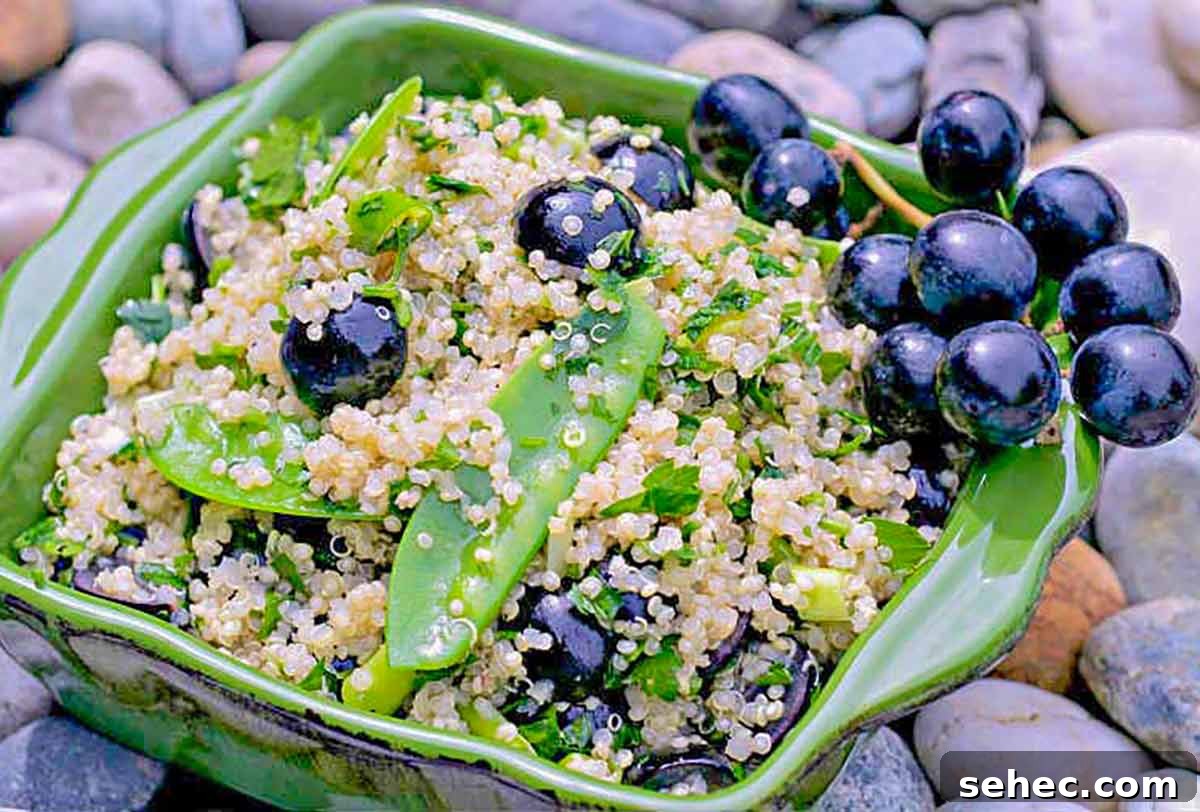 June seasonal quinoa salad with grapes and sweet peas
