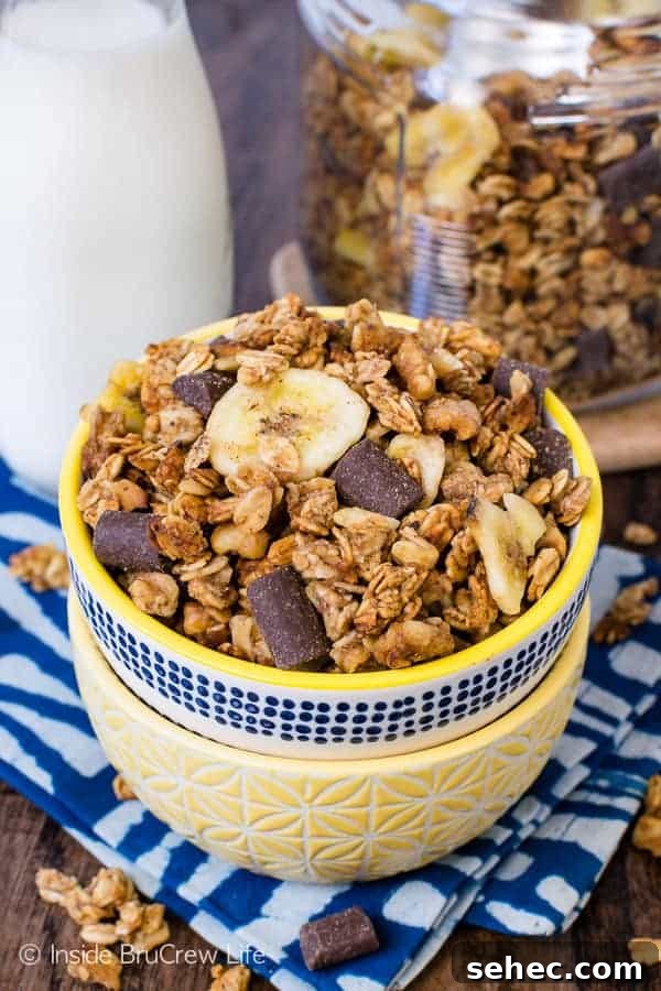 Peanut Butter Banana Chocolate Chunk Granola Peanut Butter Banana Chocolate Chunk Granola with oats, banana chips, peanut butter flavor, and chocolate chunks for breakfast or snacking
