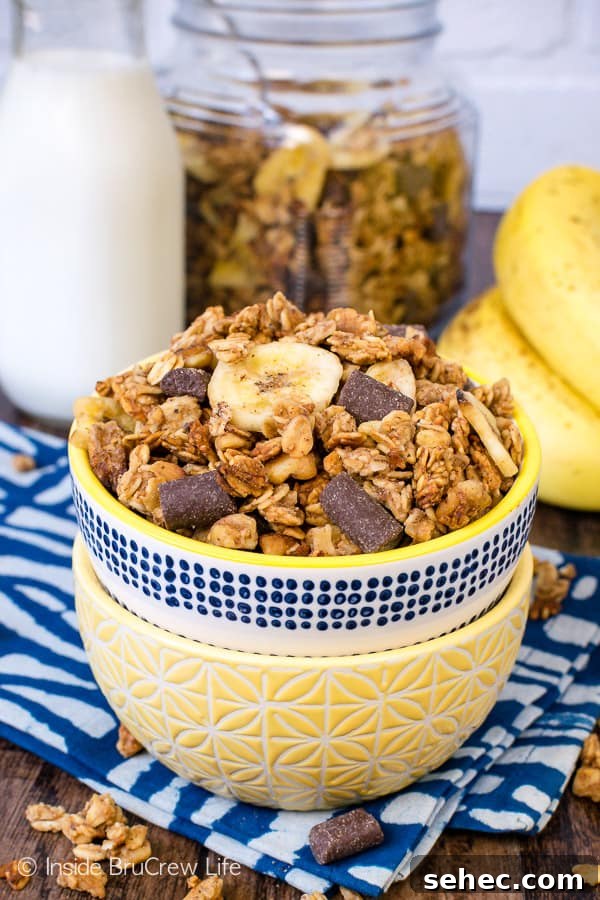 Homemade Peanut Butter Banana Chocolate Chunk Granola Homemade Peanut Butter Banana Chocolate Chunk Granola served as a breakfast or snack with banana chips and chocolate