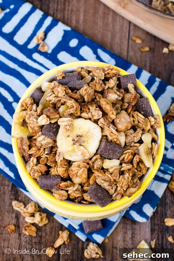 Easy Peanut Butter Banana Chocolate Chunk Granola Easy Peanut Butter Banana Chocolate Chunk Granola with dried banana chips, oats, walnuts, and chocolate chunks