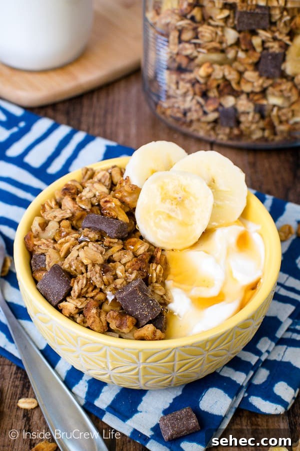 Peanut Butter Banana Chocolate Chunk Granola for breakfast or snacks Peanut Butter Banana Chocolate Chunk Granola for eating with milk, yogurt, or by the handful