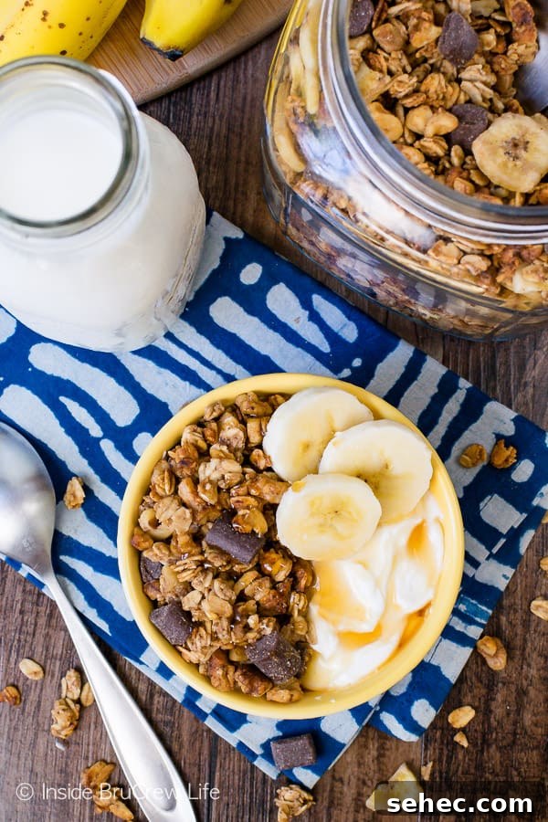 Baked Peanut Butter Banana Chocolate Chunk Granola Baked Peanut Butter Banana Chocolate Chunk Granola with banana chips and chocolate for a crunchy homemade snack
