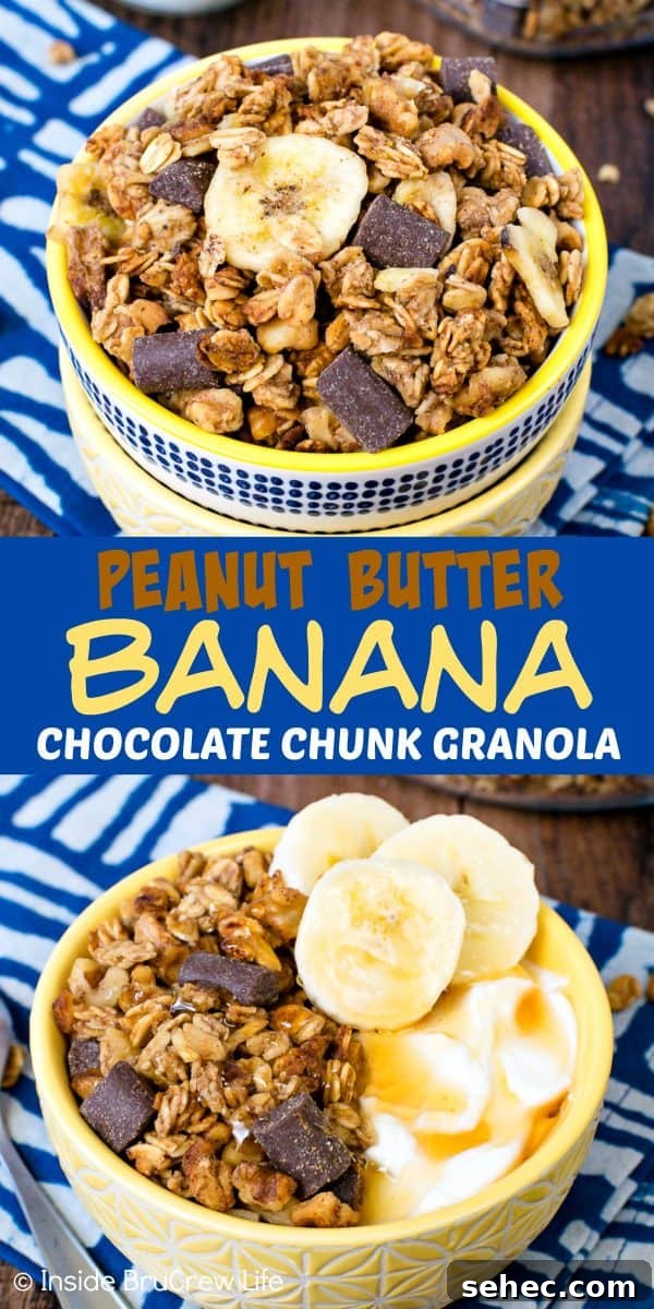 Peanut Butter Banana Chocolate Chunk Granola Recipe Collage of Peanut Butter Banana Chocolate Chunk Granola showing a homemade granola recipe with oats, peanut butter, banana, and chocolate