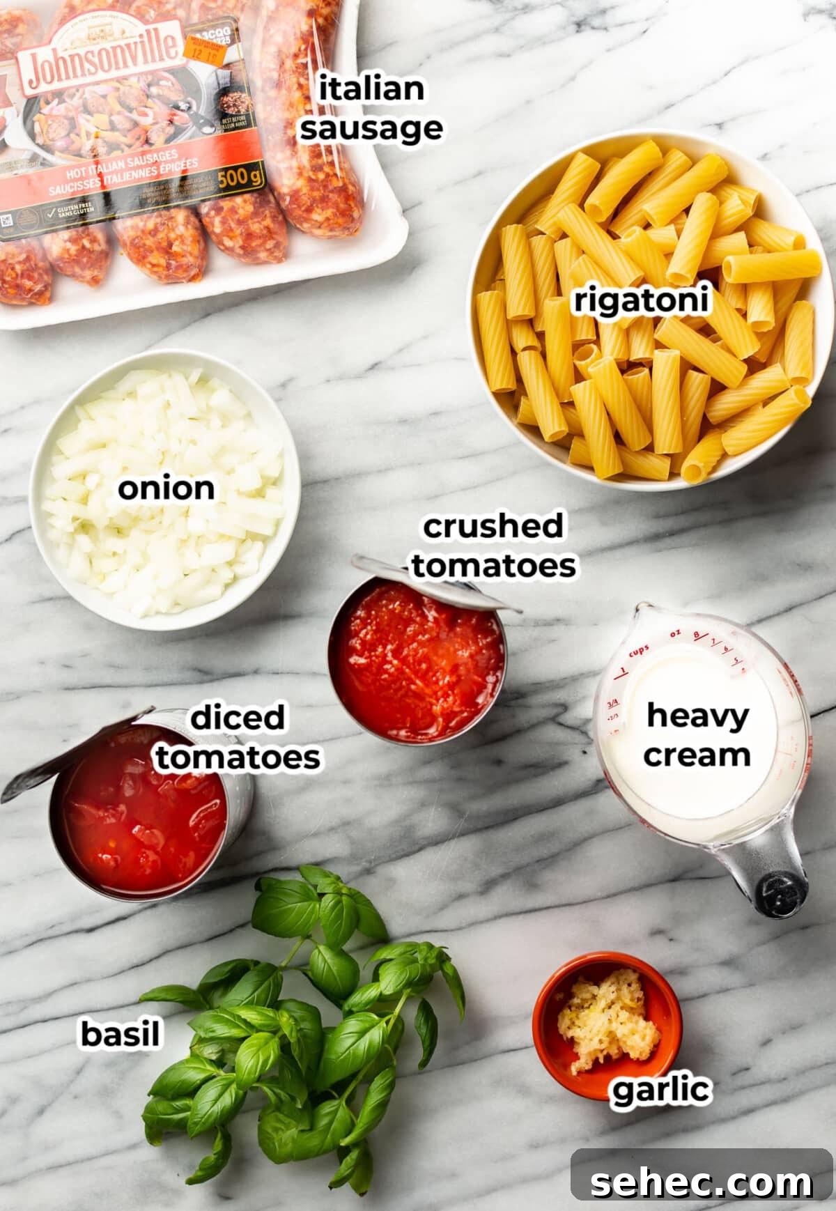 Creamy Sausage Rigatoni Pasta Recipe 3 ingredients for sausage rigatoni in prep bowls