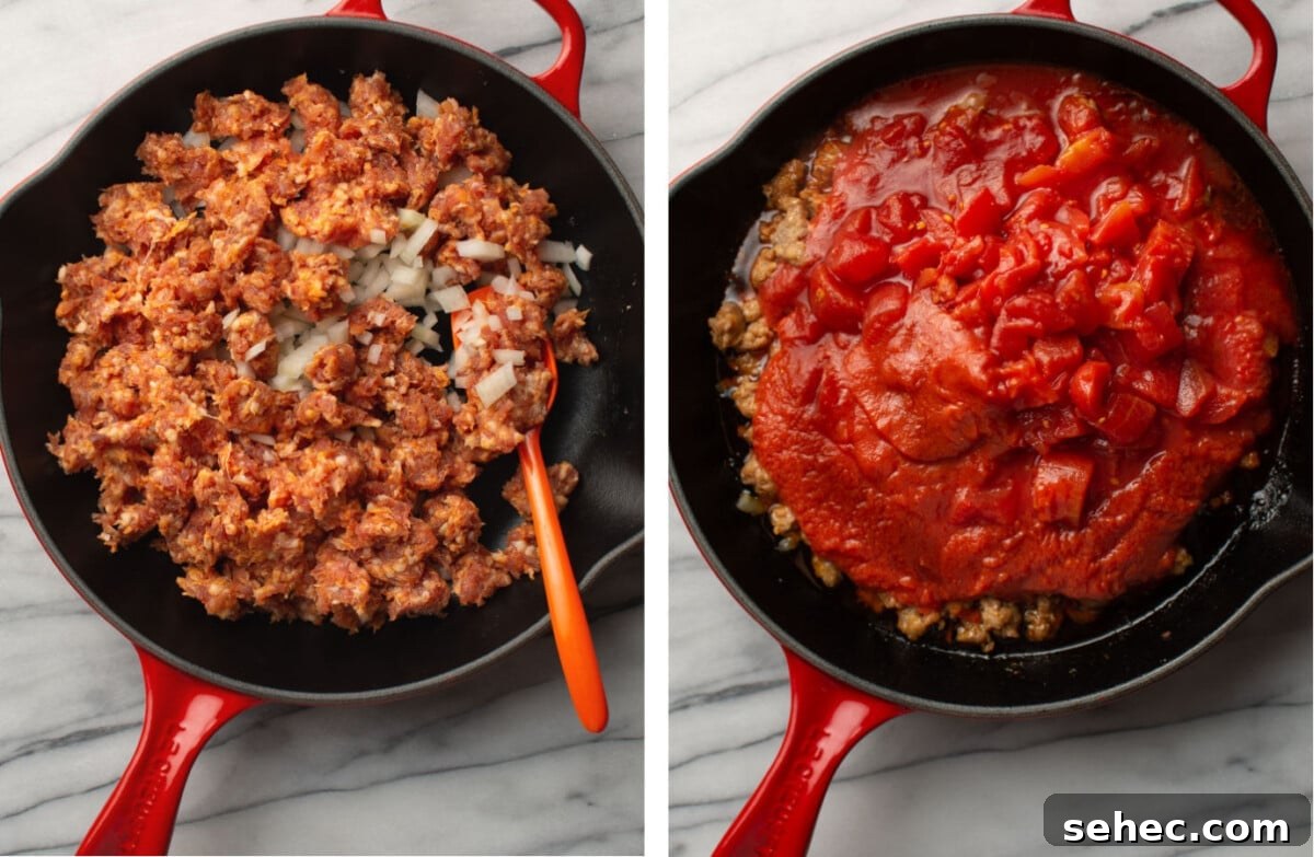 Creamy Sausage Rigatoni Pasta Recipe 4 sauteing Italian sausage and onion in a skillet then adding tomatoes