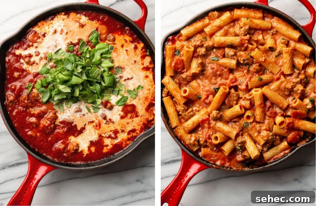 Creamy Sausage Rigatoni Pasta Recipe 5 adding cream and basil to a skillet with italian sausage and tossing with rigatoni