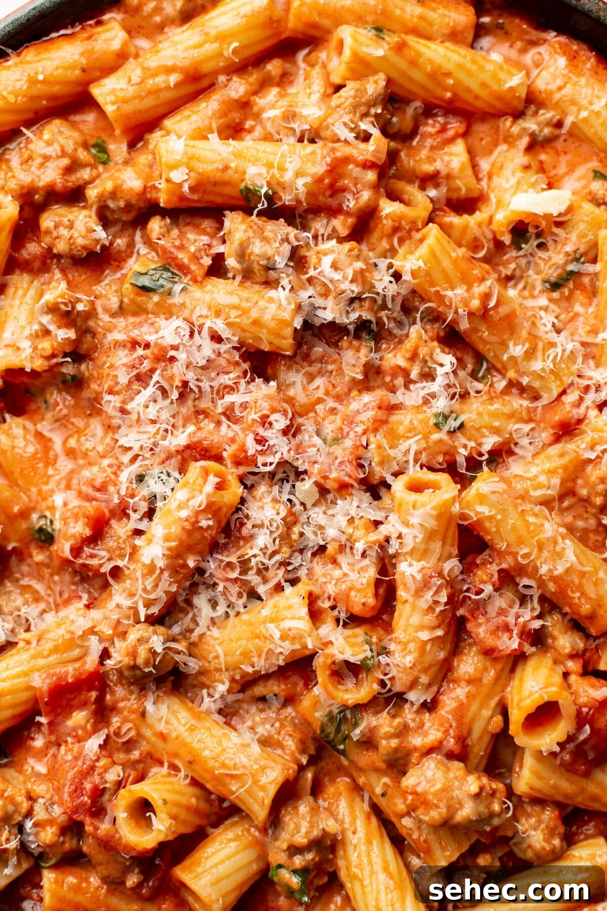 Creamy Sausage Rigatoni Pasta Recipe 6 closeup of Italian sausage pasta