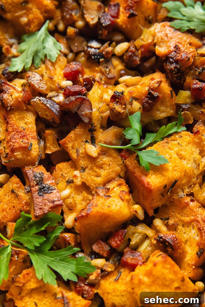 Chorizo and Fig Stuffing Recipe for Thanksgiving 3 Close up shot of chorizo stuffing with sourdough bread and figs