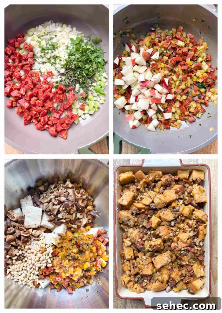 Chorizo and Fig Stuffing Recipe for Thanksgiving 4 Process shots of stuffing ingredients being combined and fried before baked together in a dish