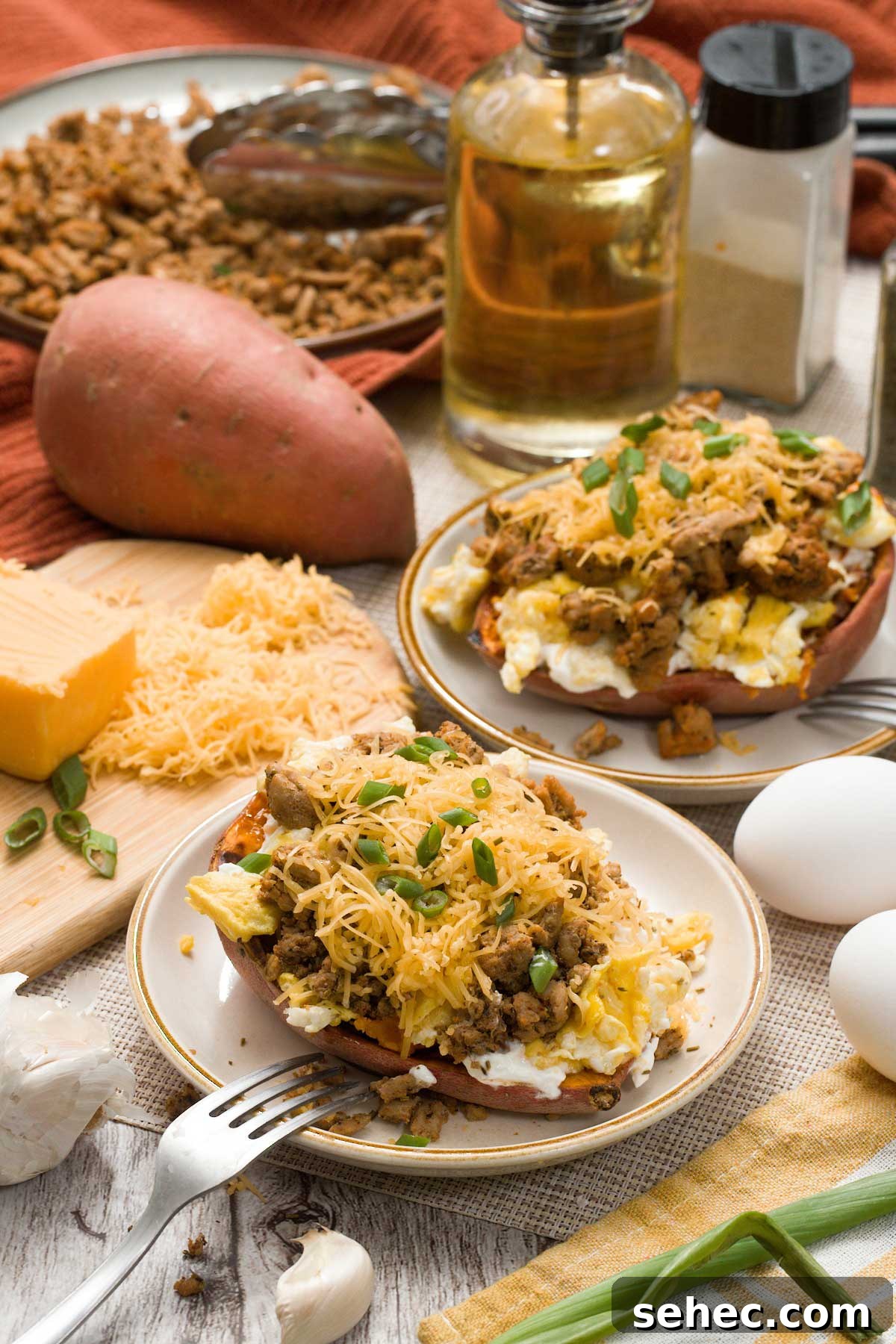 High Protein Loaded Baked Sweet Potato Breakfast 13 Two loaded baked breakfast sweet potatoes on white plates.