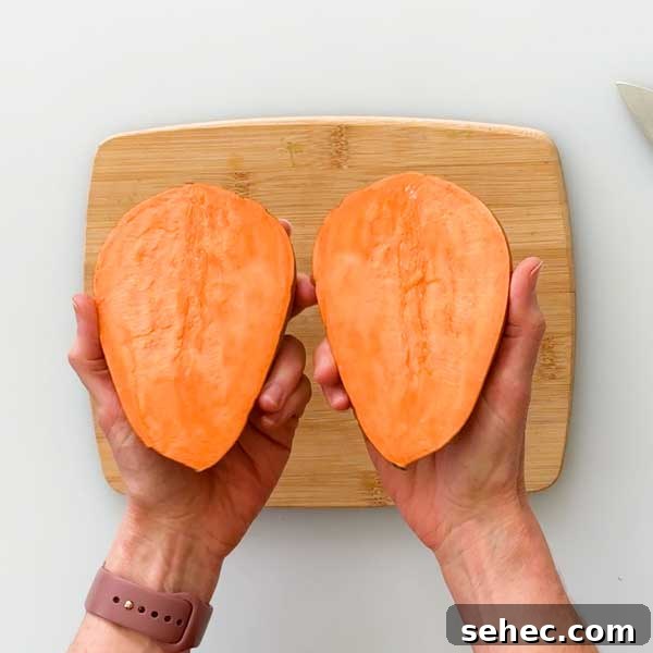 High Protein Loaded Baked Sweet Potato Breakfast 5 One sweet potato sliced in half.