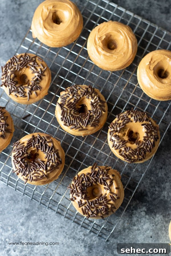 Gluten-Free Peanut Butter Donuts Recipe 11 A rack with mini gluten free peanut butter donuts. Some have chocolate sprinkles.