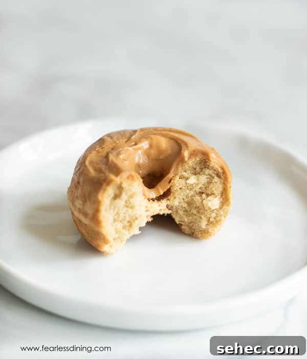 Gluten-Free Peanut Butter Donuts Recipe 3 A donut on a white plate with a bite taken out.