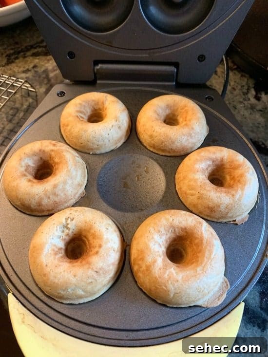 Gluten-Free Peanut Butter Donuts Recipe 8 Cooked donuts in a donut maker.