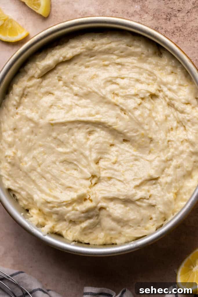 Lemon Curd Cake with a Soft Buttery Crumb 6 Cake batter in a pan.