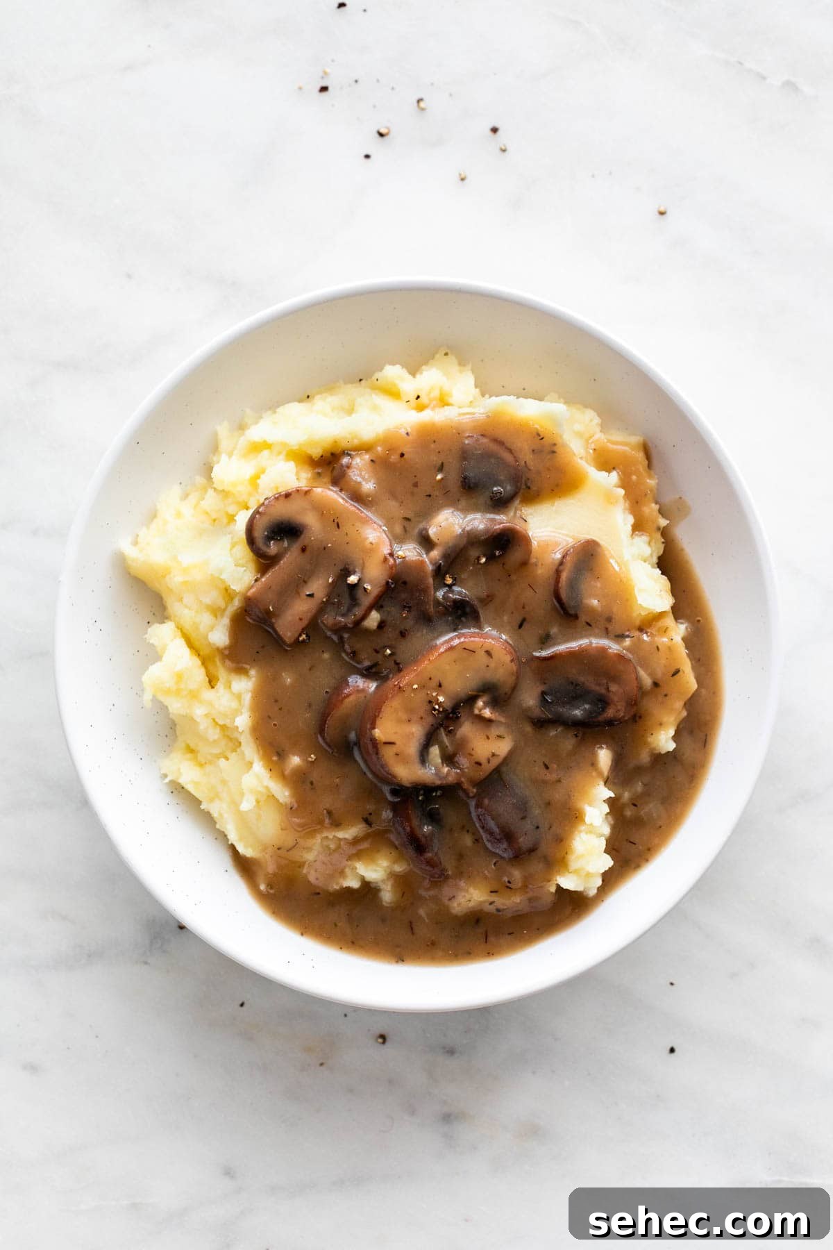Vegan Mushroom Gravy Recipe 2 Plate with vegan mashed potatoes and vegan mushroom gravy on a white background.