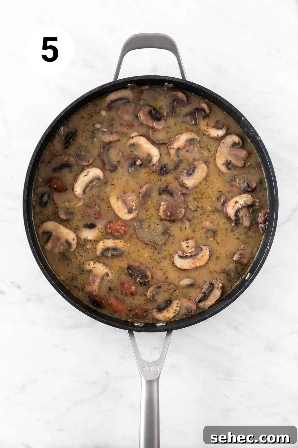 Vegan Mushroom Gravy Recipe 8 Vegan mushroom gravy with spices before thickening.