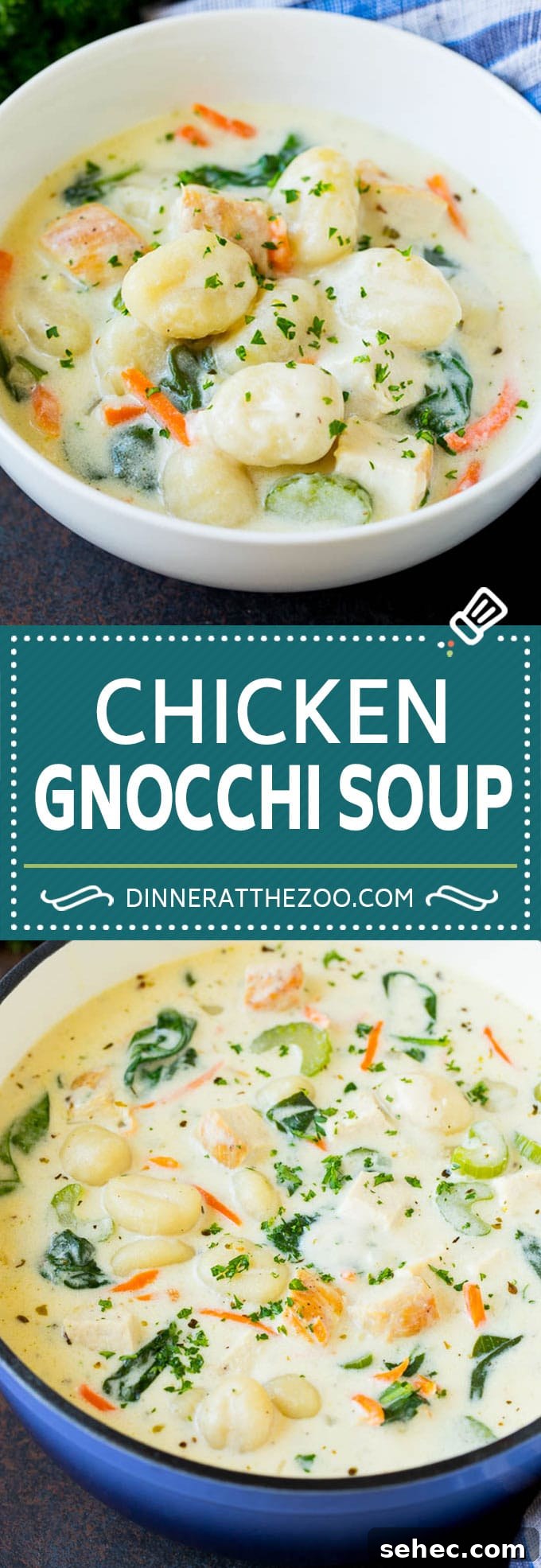 Chicken gnocchi soup with vegetables and potato gnocchi This chicken gnocchi soup is a hearty and creamy blend of diced chicken, vegetables and potato gnocchi, all simmered together to perfection.