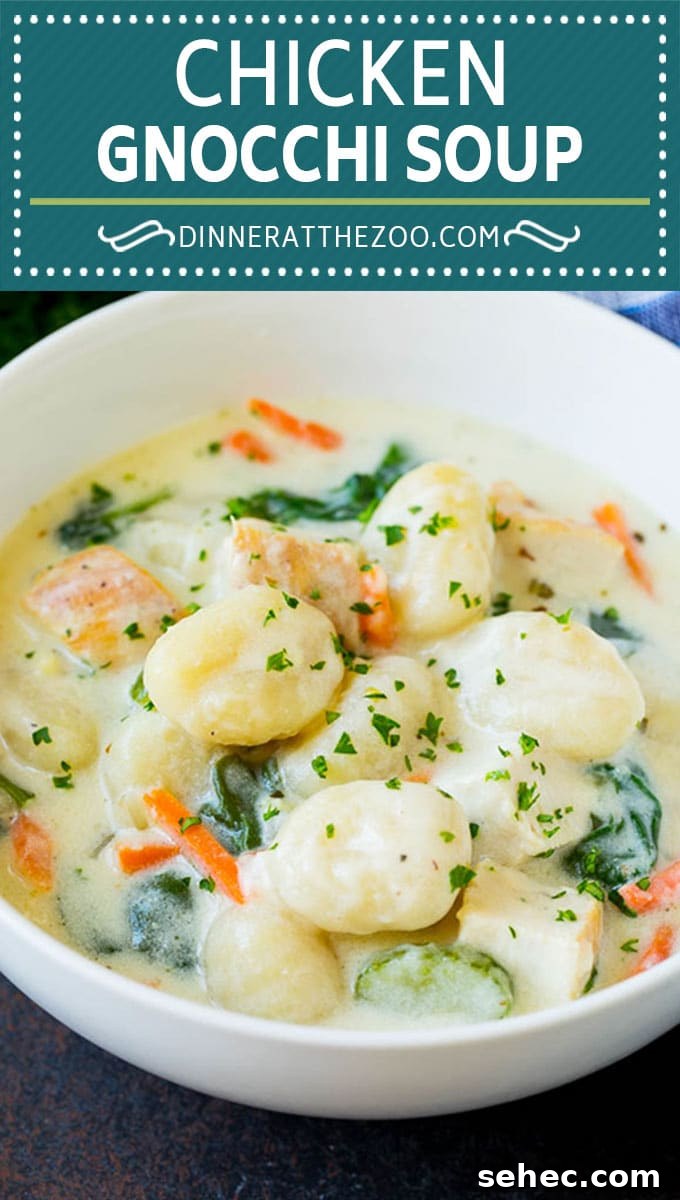 Creamy chicken gnocchi soup recipe Creamy chicken gnocchi soup served in a bowl.