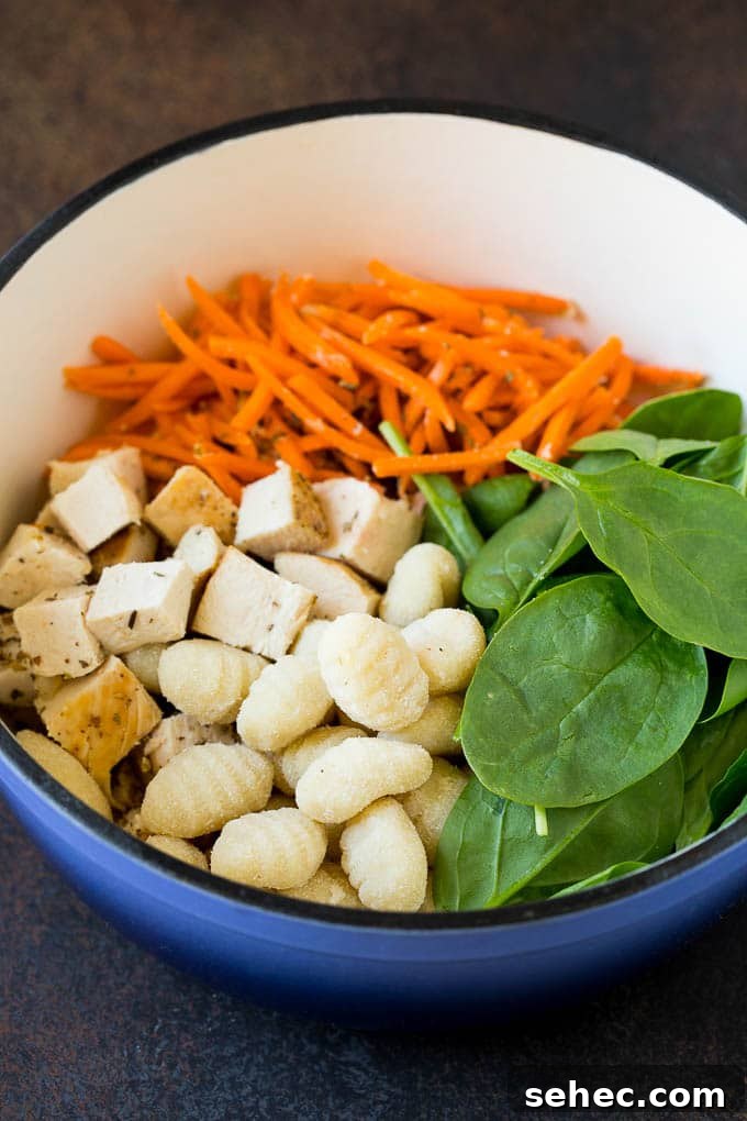 Chicken, spinach, carrots and gnocchi simmering in a pot Chicken, spinach, carrots and gnocchi in a pot.