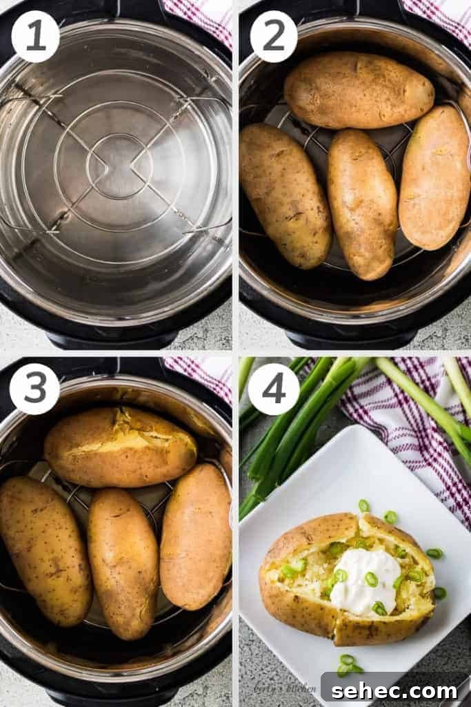Instant Pot Baked Potatoes in 30 Minutes 3 Collage style photo showing how to make Instant Pot baked potatoes.