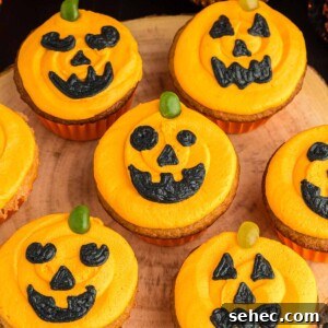 Seven Jack-O-Lantern cupcakes on a wooden board.
