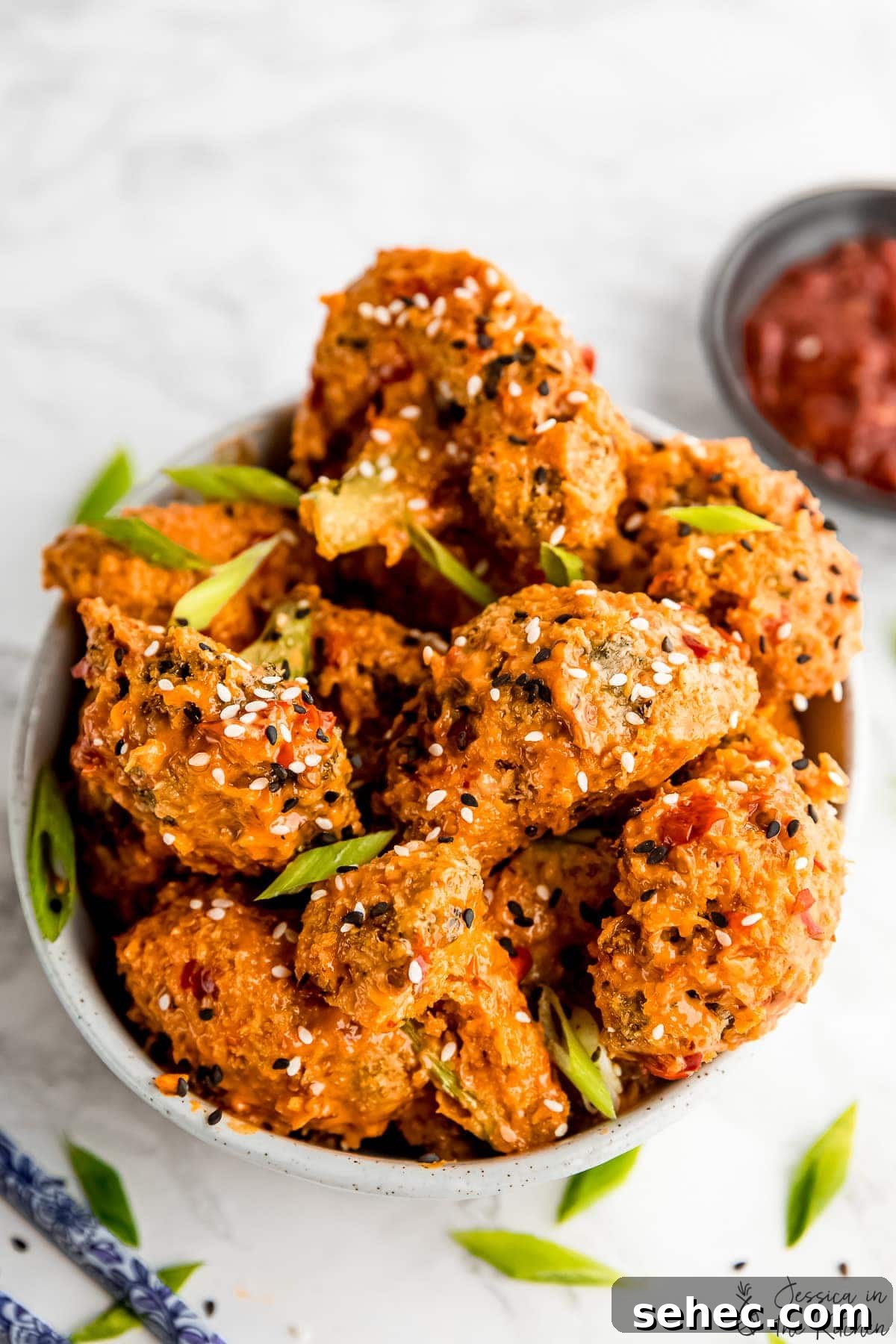 Vegan Bang Bang Broccoli with Creamy Spicy Sauce 5 Bang bang broccoli in a bowl, bird's eye view.