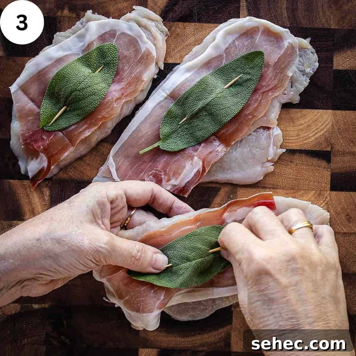 Chicken Saltimbocca with Prosciutto and Sage 6 Skewering prosciutto and a sage leaf onto a chicken cutlet with a toothpick.