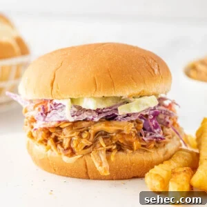 BBQ Pulled Chicken Burger with Smoky Sauce 10 A bbq pulled chicken sandwich on a plate with french fries.