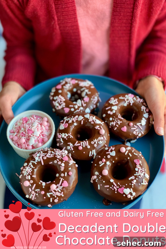 Double Chocolate Donuts with Rich Chocolate Glaze 2 A blue plate full of chocolate donuts with white and pink sprinkles on them.