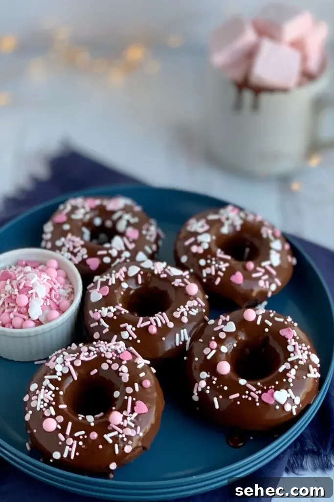 Double Chocolate Donuts with Rich Chocolate Glaze 3 A blue plate with double chocolate donuts topped with chocolate ganache frosting and pink and white sprinkles.