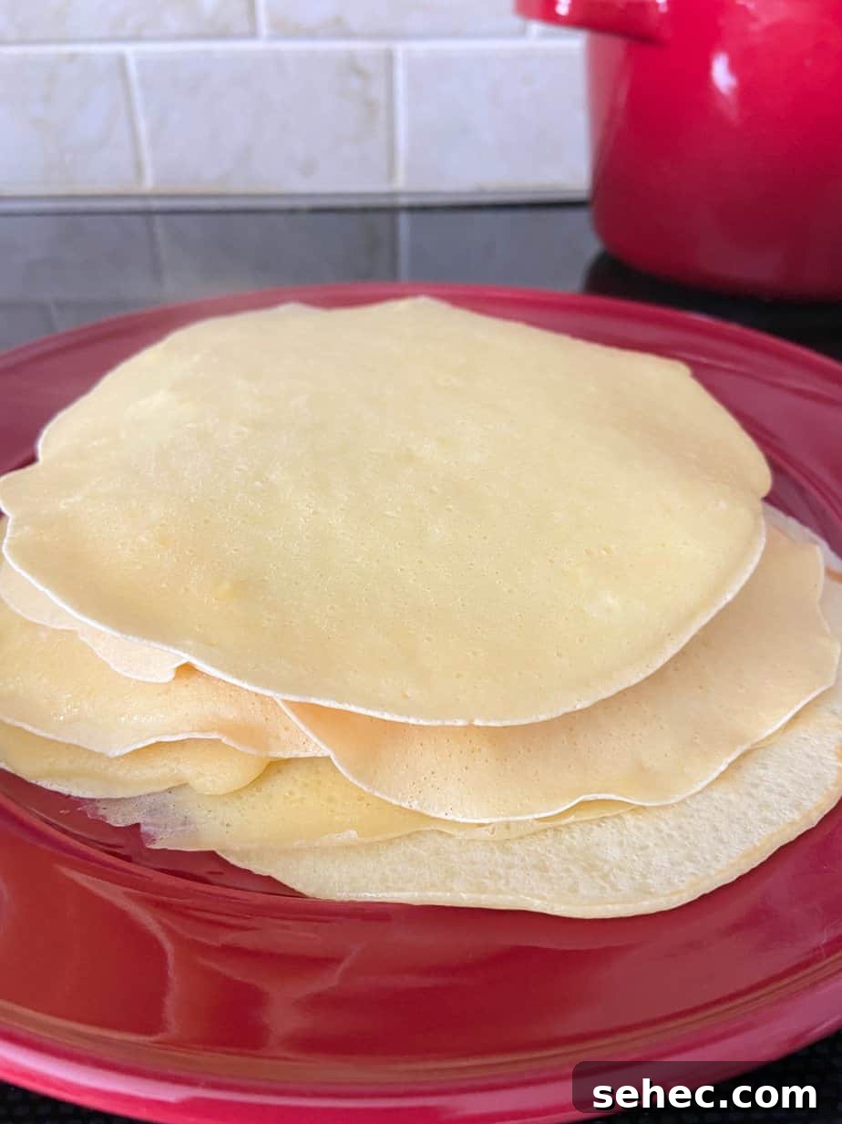Three Cheese Manicotti Crepes Recipe 5 Crepes stacked on a red plate.