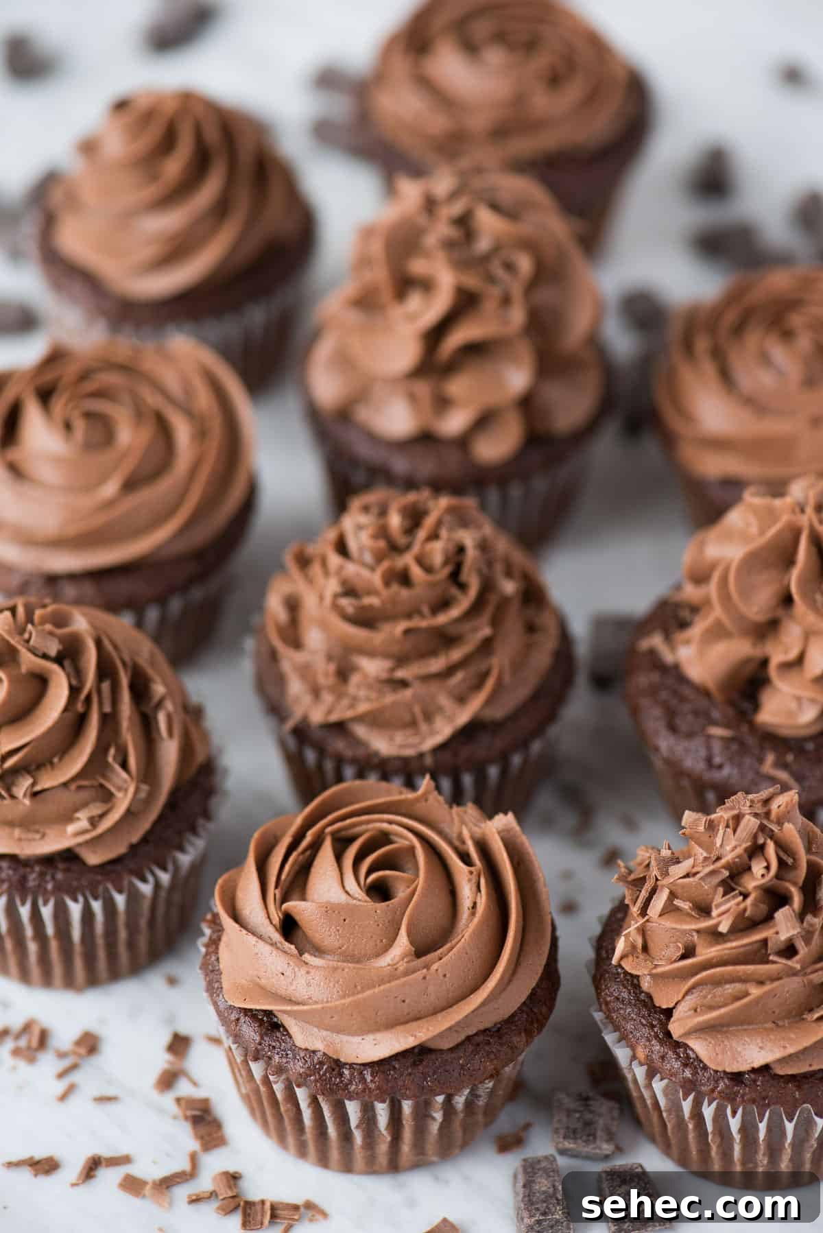 Chocolate Frosting Recipe for Cakes and Cupcakes 6 chocolate cupcakes with chocolate frosting on white marble background