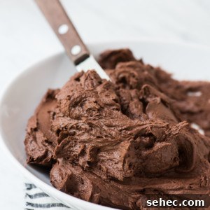 Chocolate Frosting Recipe for Cakes and Cupcakes 7 A bowl filled with rich, creamy chocolate frosting sits on a striped cloth with a spatula in the frosting.