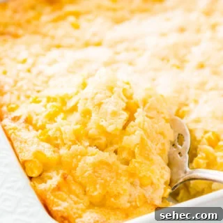 Cheesy Corn Casserole made with 6 ingredients and ready for the oven in 5 minutes.
