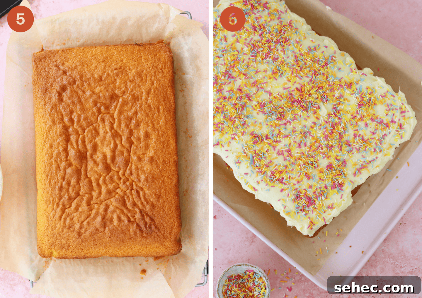 Gluten Free Vanilla Tray Bake Cake 8 leave the baked vanilla tray bake to cool then decorate with buttercream frosting and sprinkles.