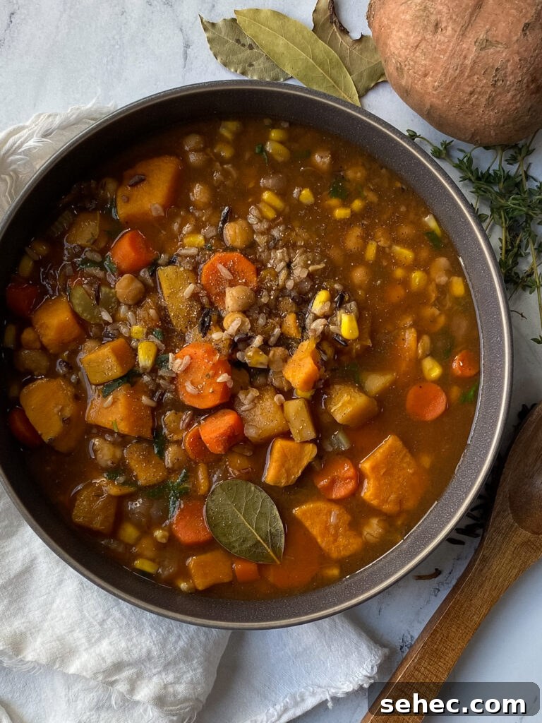 Hearty Wild Rice Soup with Fall Vegetables and Chickpeas 3 Overhead view of wild rice soup with chickpeas, autumn vegetables, and thyme