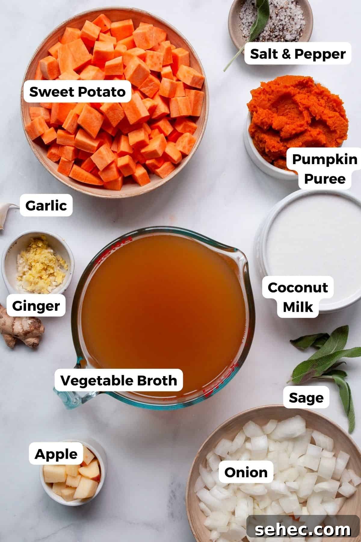 Creamy Pumpkin Sweet Potato Soup Recipe 3 Ingredients for pumpkin sweet potato soup in bowls, labeled - including chopped sweet potatoes, canned pumpkin purée, diced onion, cubed apple, garlic, ginger, fresh sage, coconut milk, vegetable broth, and warm spices like cinnamon and cumin.