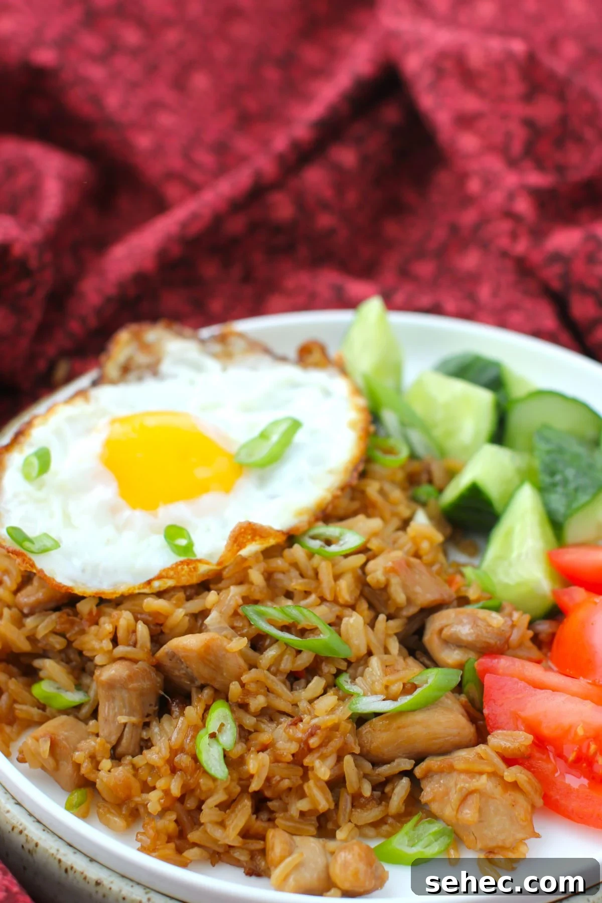 Nasi Goreng Indonesian Fried Rice Recipe 2 Plate of Indonesian fried rice with a fried egg on top, tomatoes, and cucumbers.