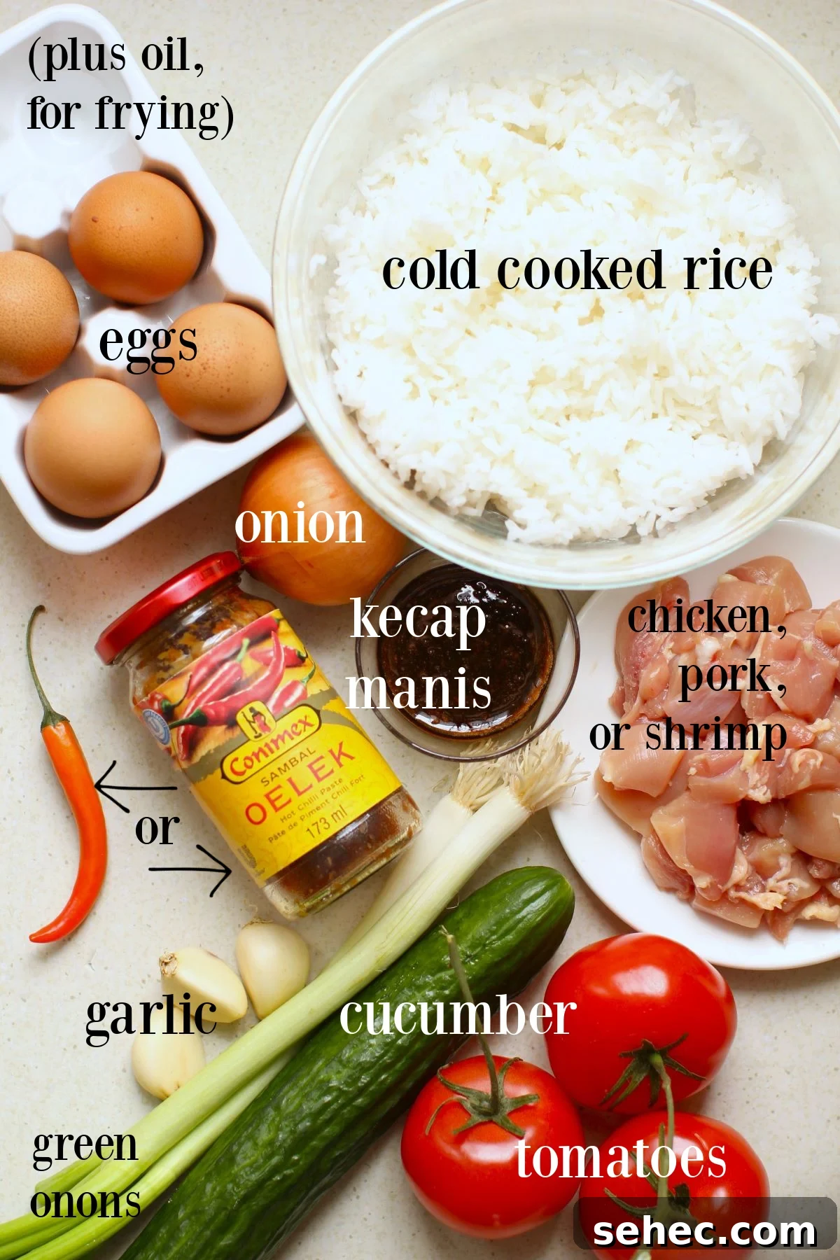 Nasi Goreng Indonesian Fried Rice Recipe 3 Labeled ingredients needed to make nasi goreng.