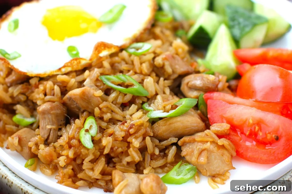 Nasi Goreng Indonesian Fried Rice Recipe 4 Close-up of fried rice with egg, cucumber, and tomatoes.