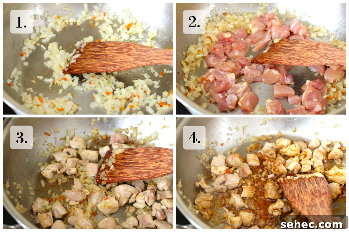 Nasi Goreng Indonesian Fried Rice Recipe 5 Four-photo collage showing onion and garlic cooking, meat being added, meat cooking, and kecap manis being added.