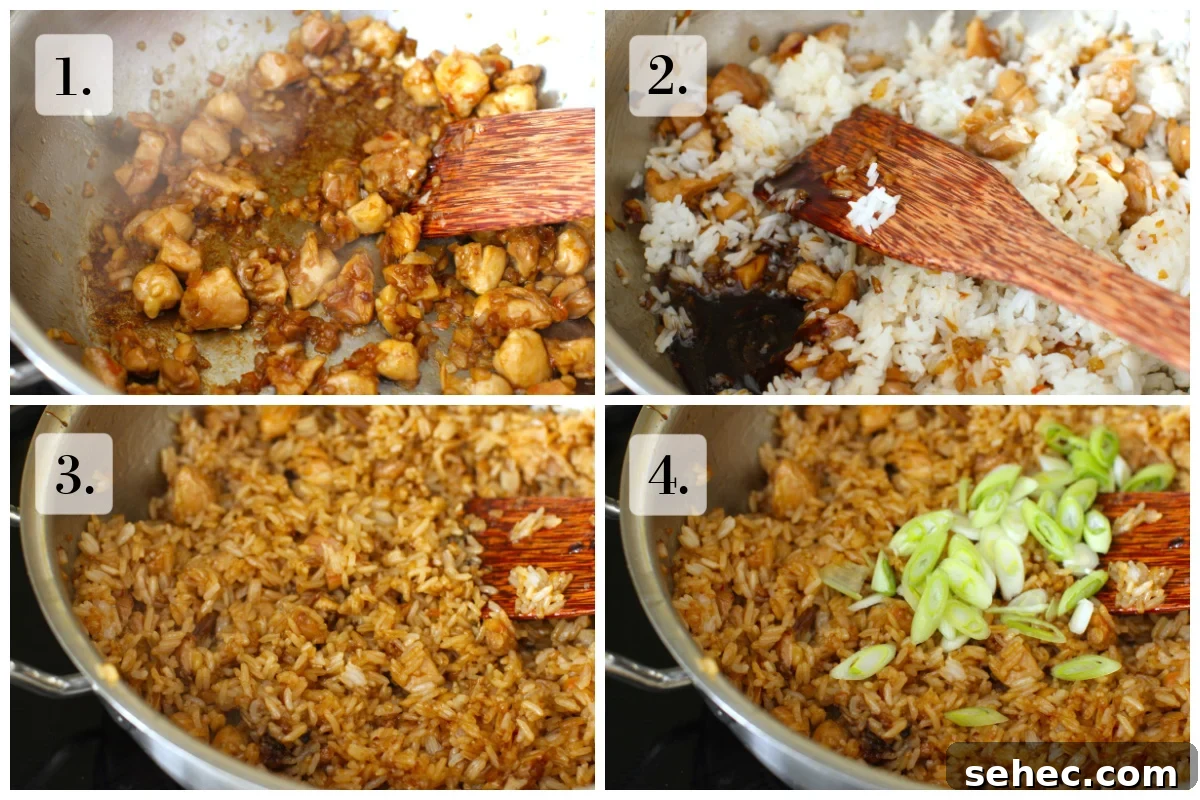 Nasi Goreng Indonesian Fried Rice Recipe 6 Four-photo collage showing caramelized meat, rice and kecap manis being added, rice being stirred, and green onions being added.
