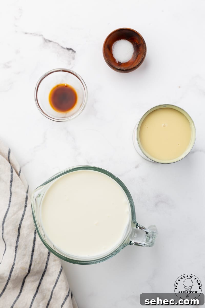 the four ingredients needed to make rolled ice cream, in separate bowls on the counter, viewed from overhead.