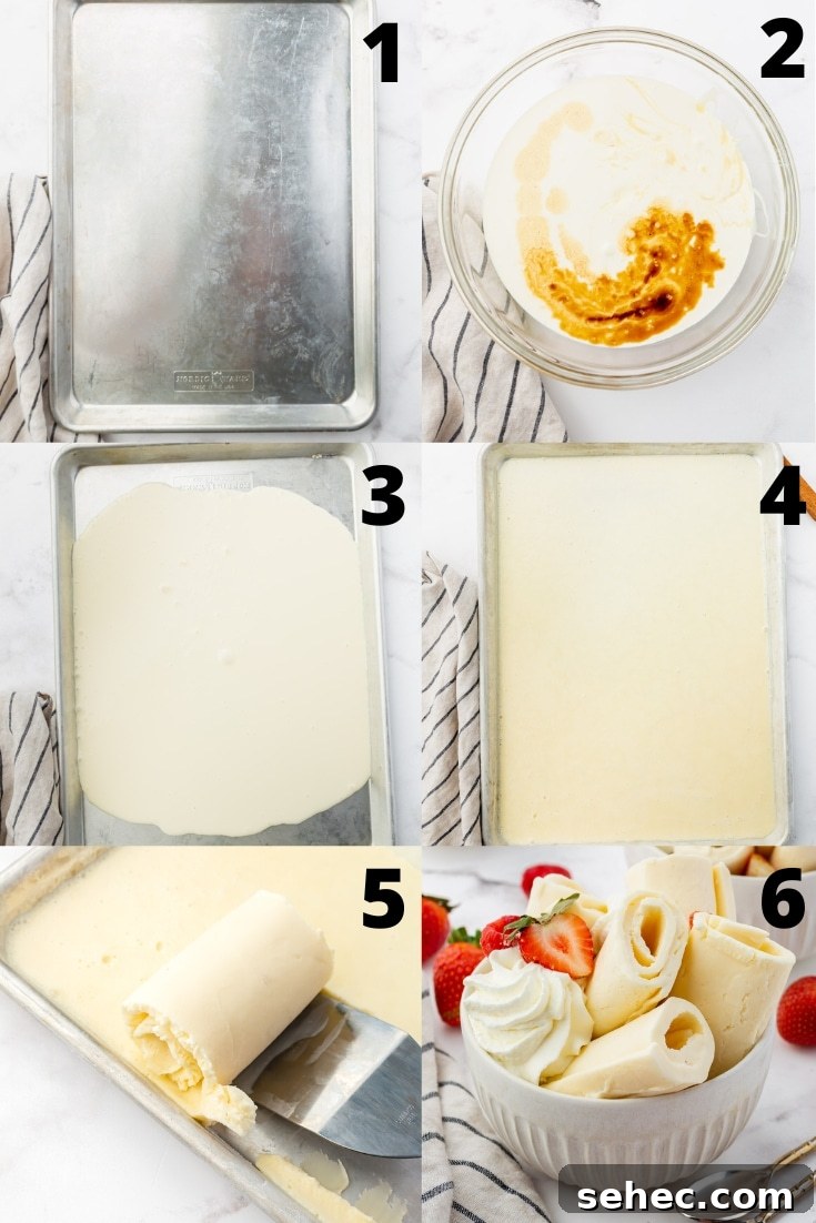 a collage of six images showing how to make rolled ice cream from scratch.