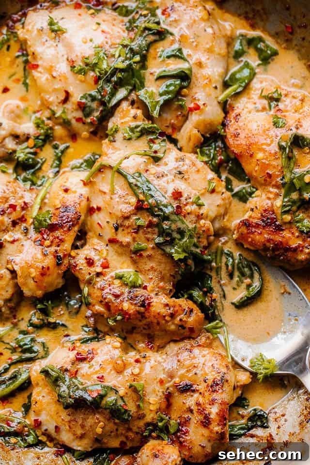 One Pot Creamed Spinach Chicken features tender, juicy chicken thighs smothered in a creamy sauce made with spinach, shallots, wine, and cream. overhead close up shot of boneless skinless chicken thighs in a creamy sauce with spinach