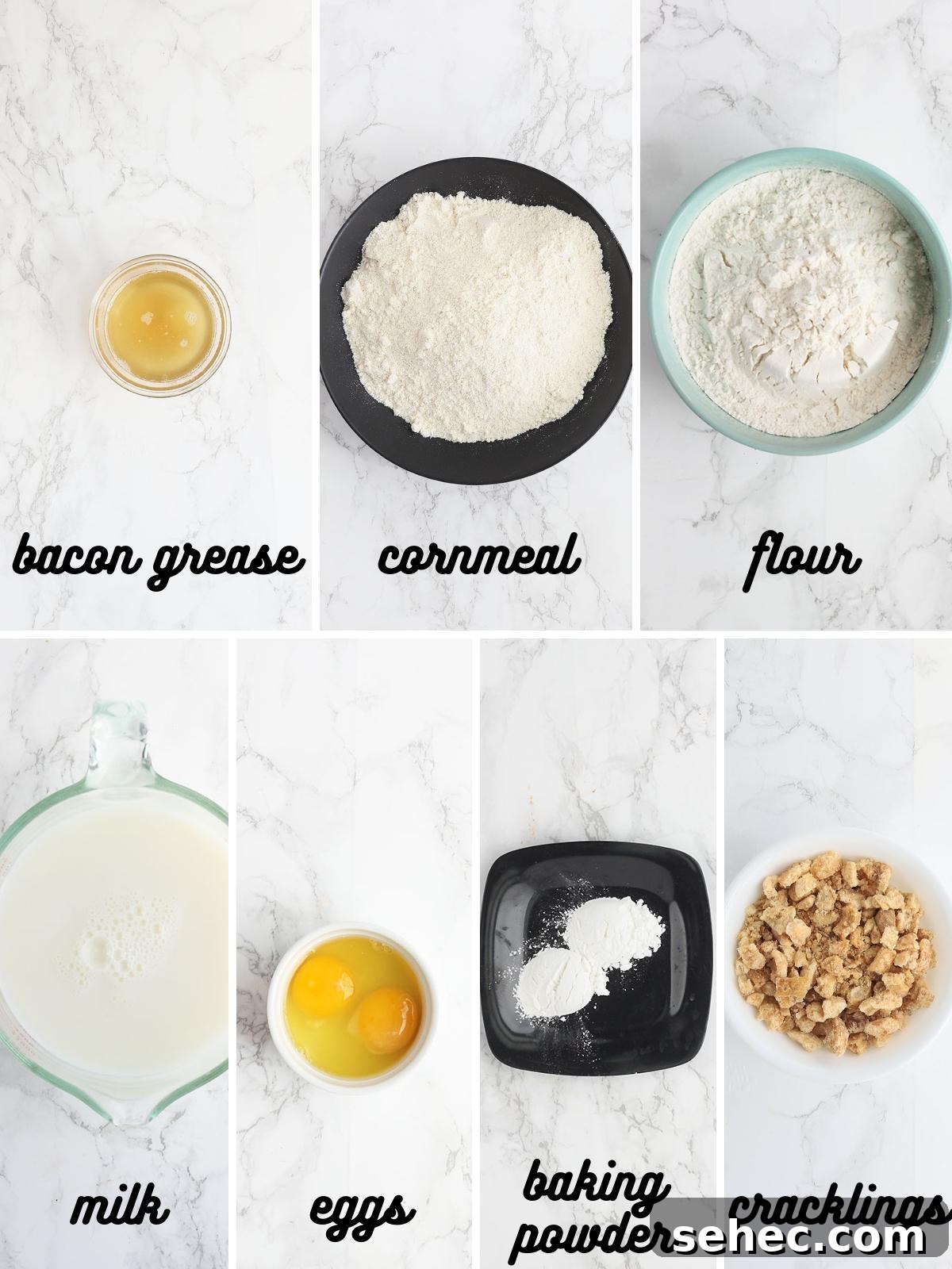 Southern Cracklin Cornbread Recipe 3 Cracklin' cornbread ingredients include bacon grease, self-rising white cornmeal, all-pupose flour, milk, eggs, baking powder, and pork cracklings